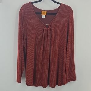 Ruby Rd Burnt Orange And Black V-Neck Blouse with Ring Detail